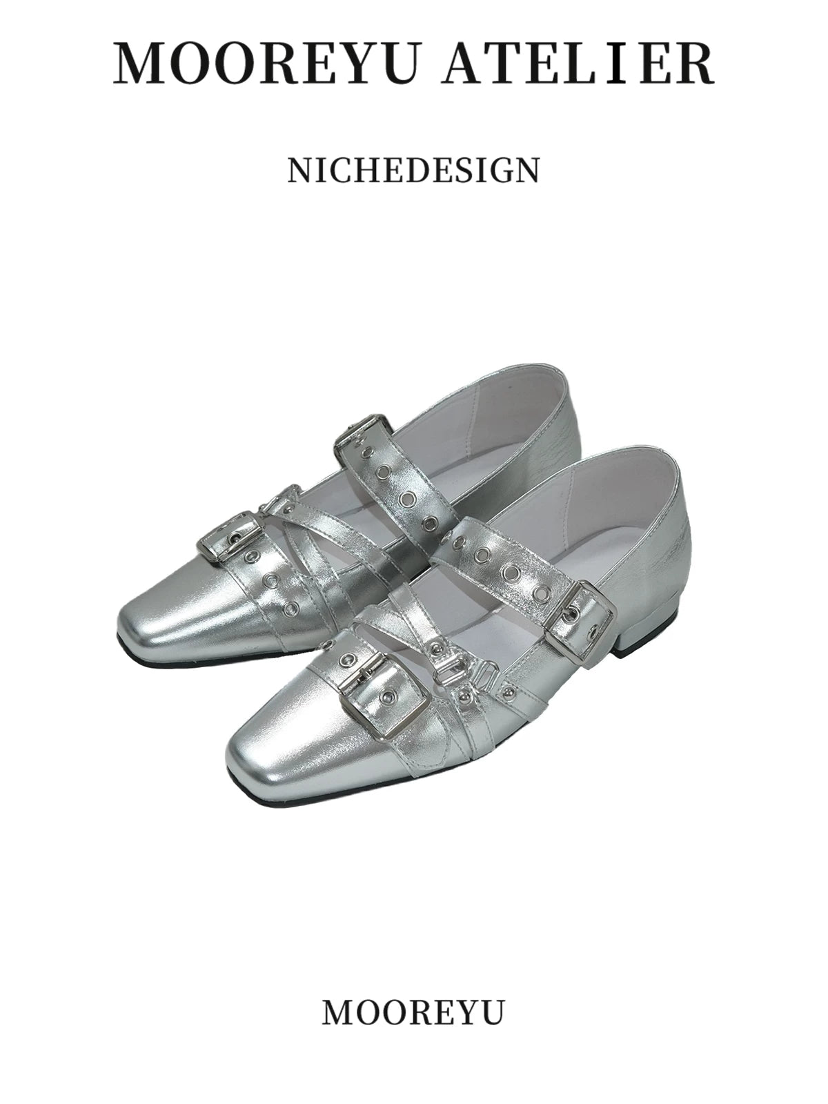 Mooreyu Vintage Leather Small Square Head Rivet Flats