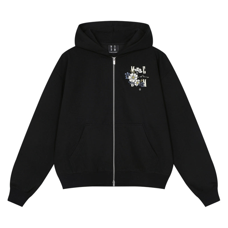 MEDM Flower Letter Embroidered Casual Zip Sweater