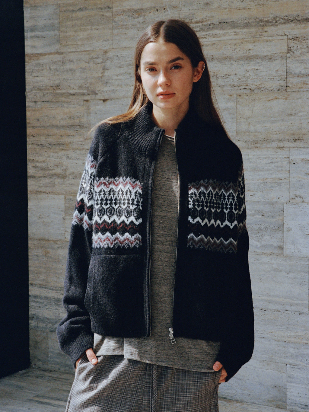 VLABMADE Lazy Vintage Jacquard Knitted Zipper Jacket