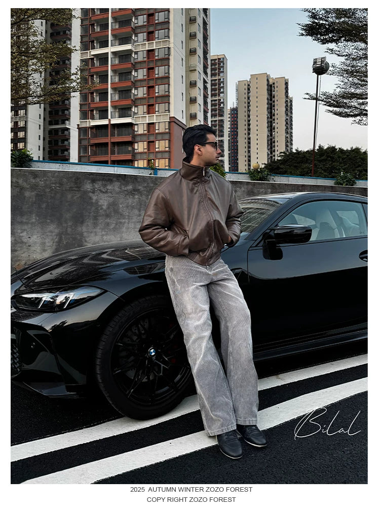 ZOZOFOREST Fleece Inner Bomber Leather Jacket