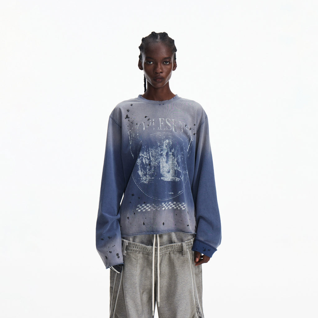 PEOPLESENSE Retro Racing Feng Shui Wash Gradual Change Pullover Sweater