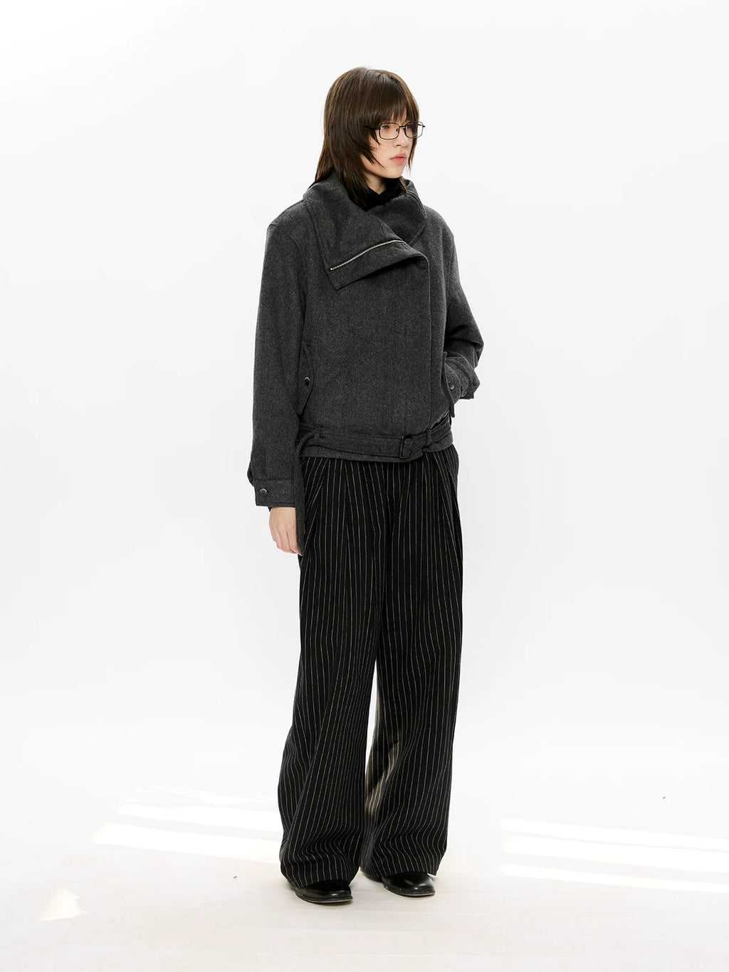 KREATE Striped Linen Pleated Texture Drape A Word Casual Trousers