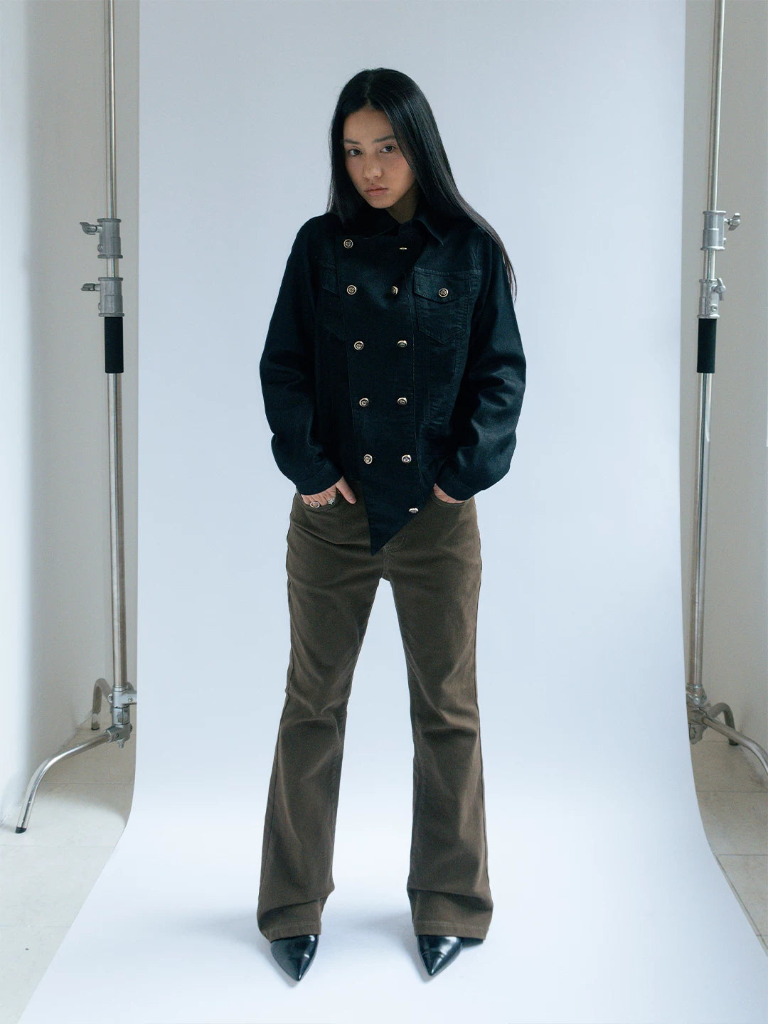 FUNKYFUN Straight Shoulder Thin Soft Denim Double-breasted Jacket