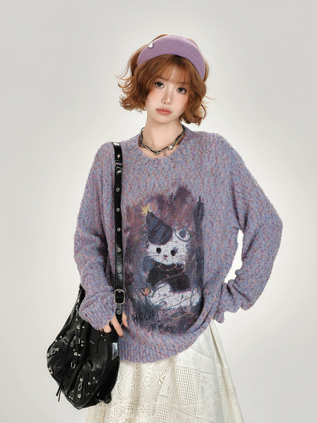 Girlyhalo Vintage Print Pullover Crew Neck Knitted Sweater