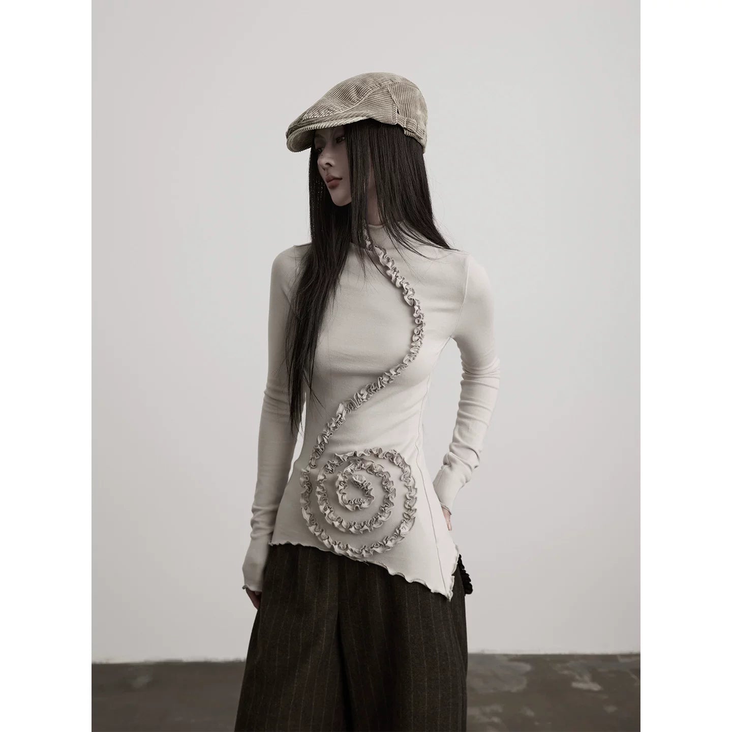 INDULGE Pleated Flared Sleeves Stand Neck Slim Long Sleeves