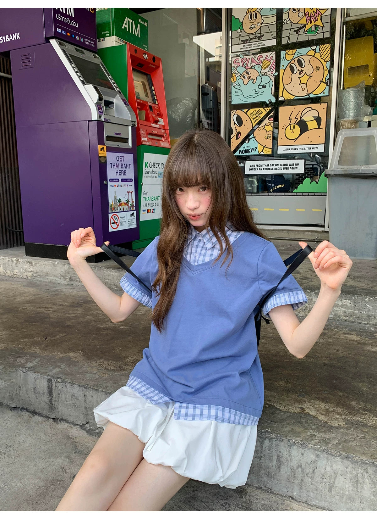 KANO Contrasting Color Lattice Splicing Fake Two-piece Tee