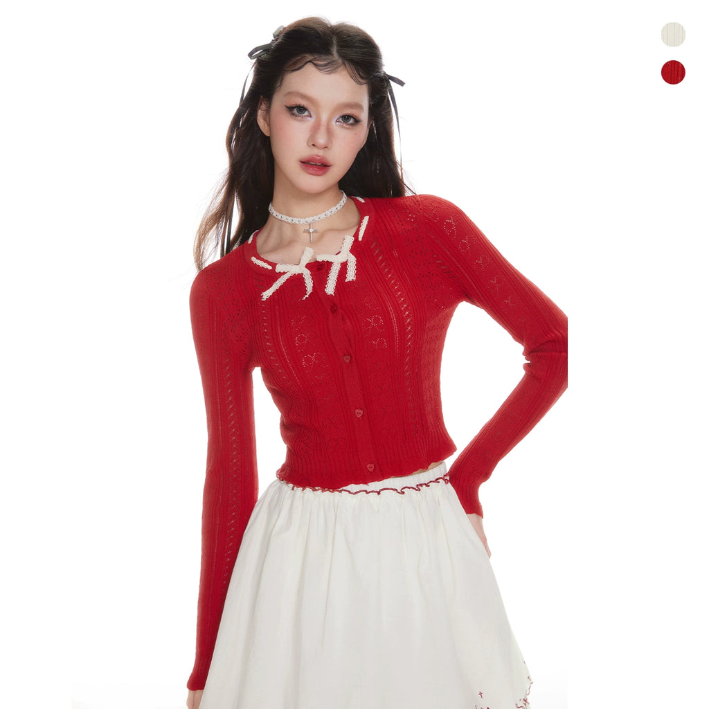 IMONE Fungus Edge Bow Crew Neck Short Knitted Shirt