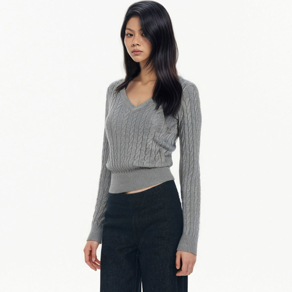 SHE SEEK Vintage V-Neck Knitted Twist Sweater