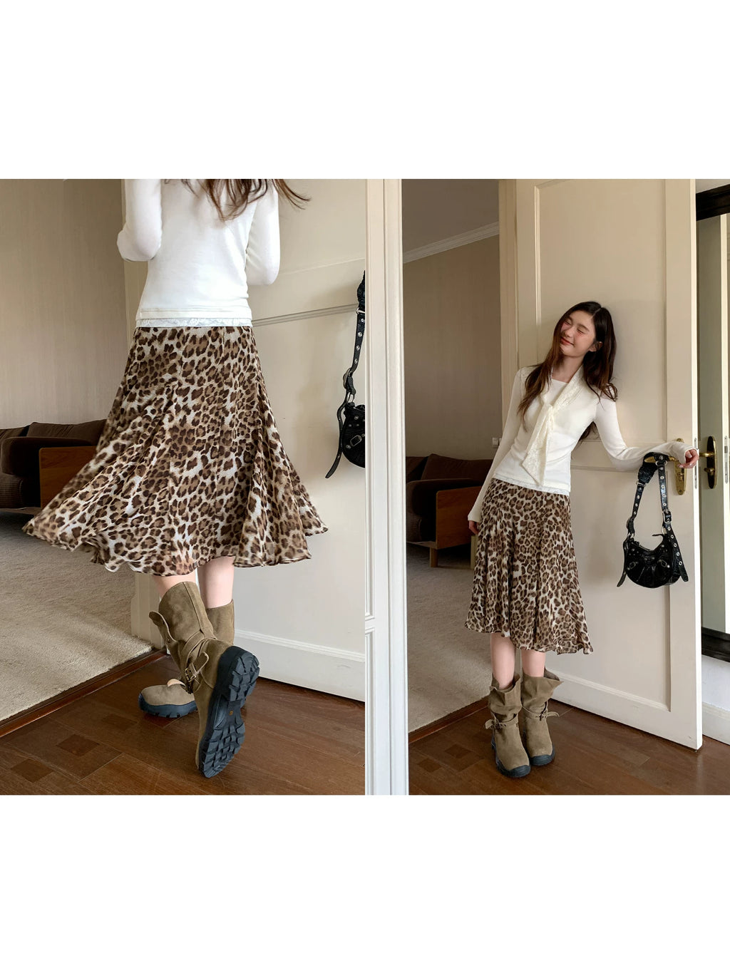 Kano Stitching Elegant Chiffon Leopard Print Skirt