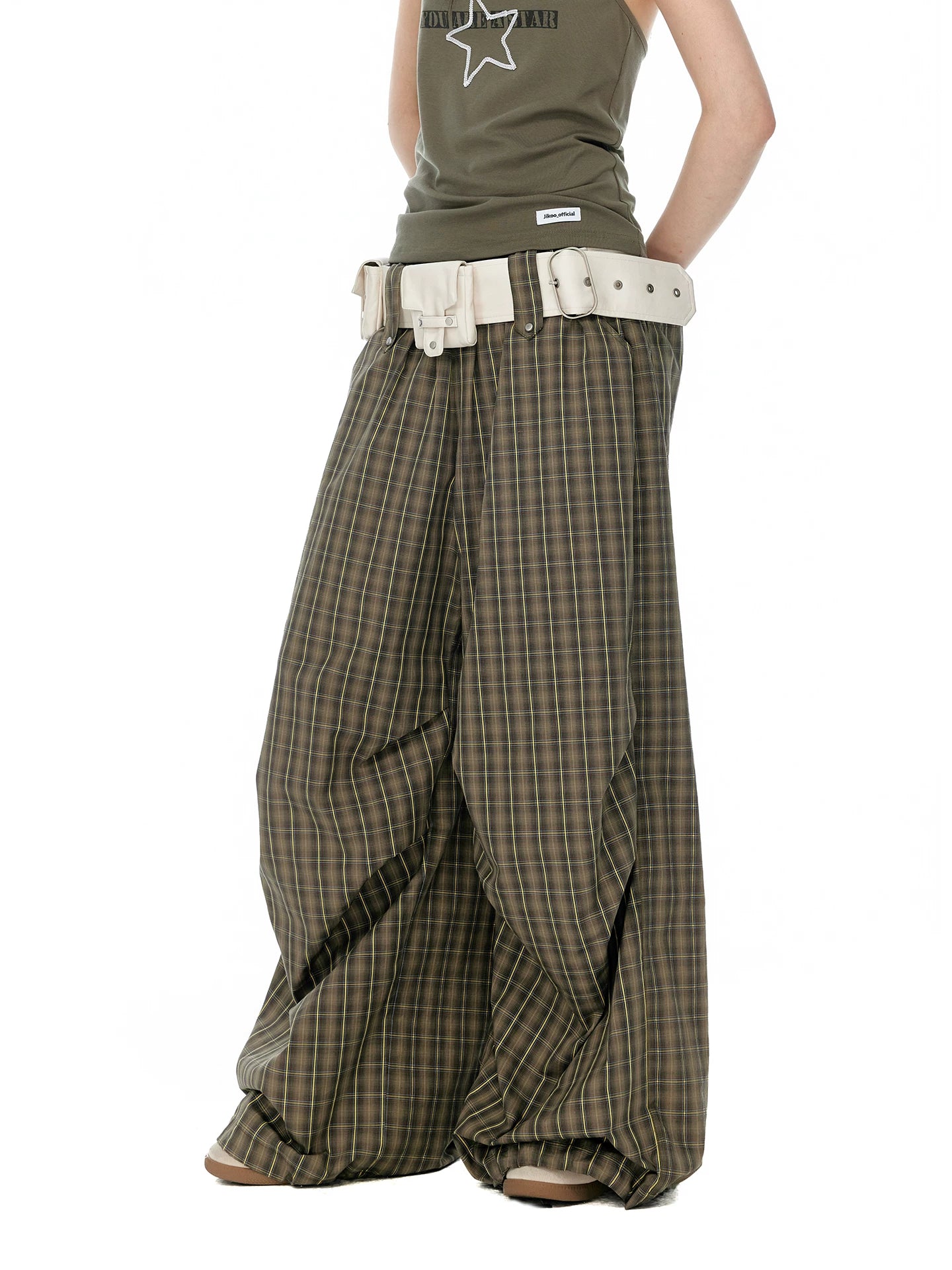 JIKOO Plaid Elastic Waist Drawstring Pleated Trousers