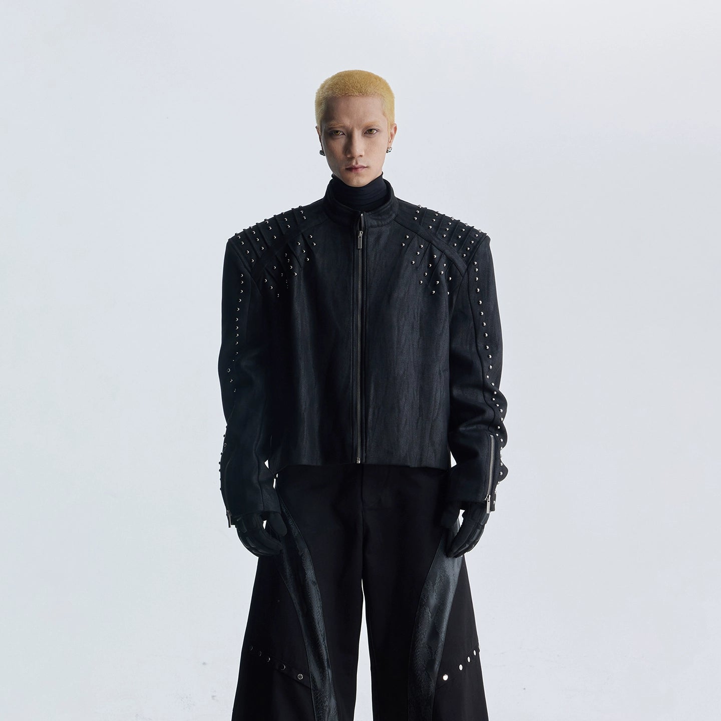 NOMANIAI Rivet Trim Loose Shoulder Padded Leather Jacket Zipper Jacket