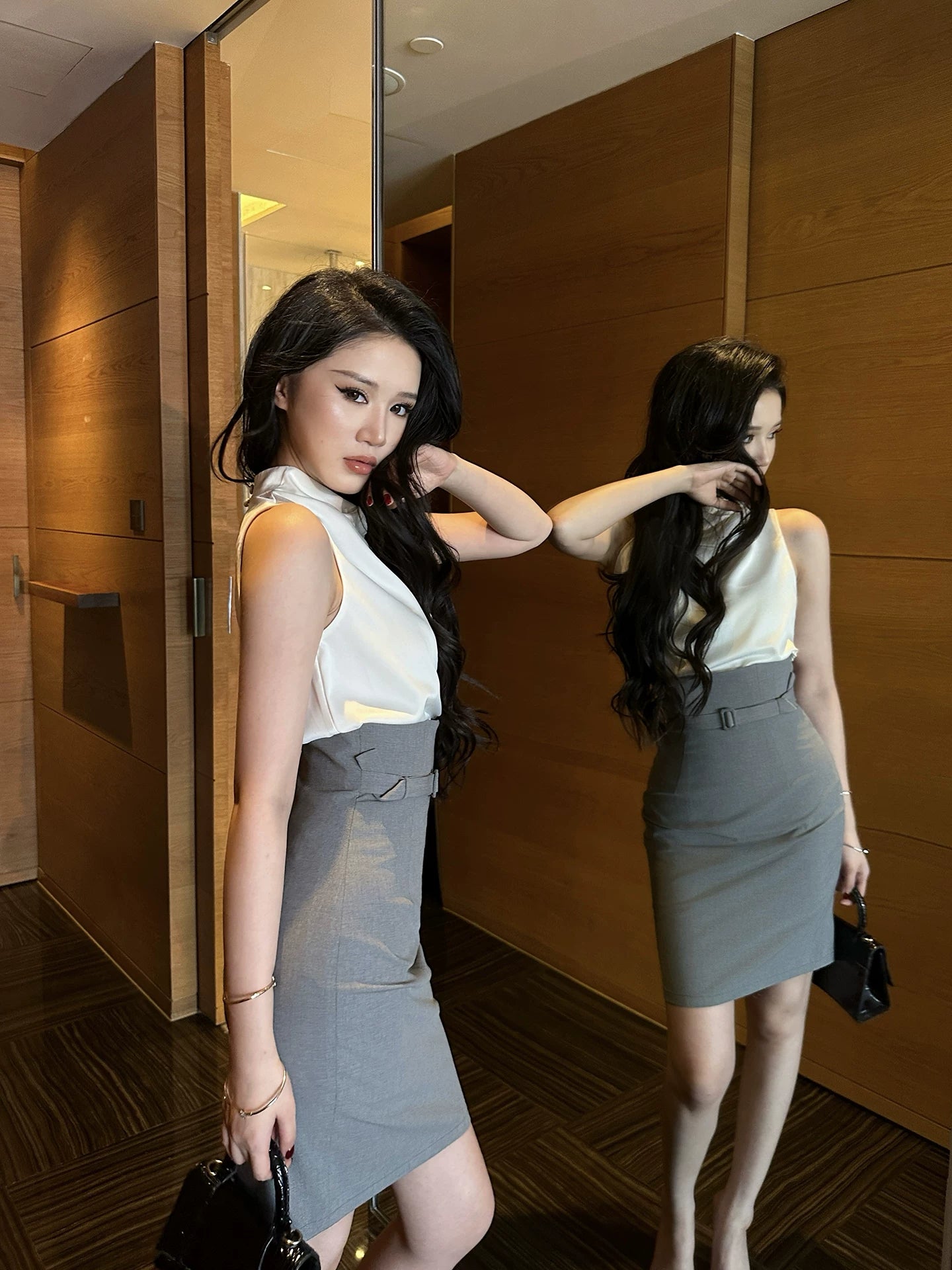 LLROGE Neck Satin Shirt High Waist Skirt Set