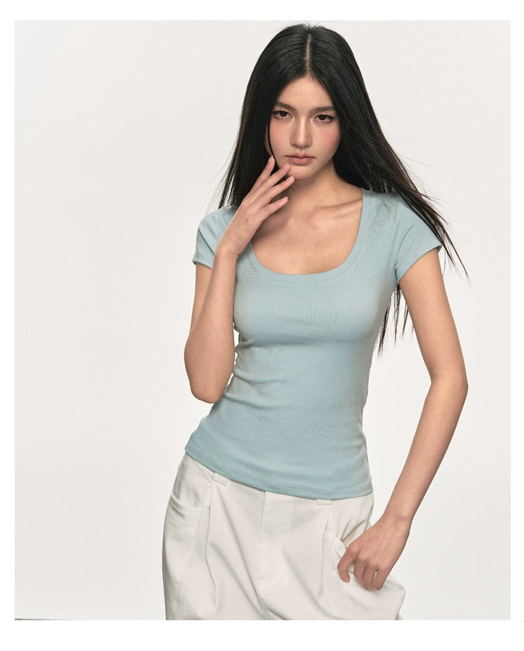 Anna Aneae Front Shoulder U Neck Slim Fit Simple Tee