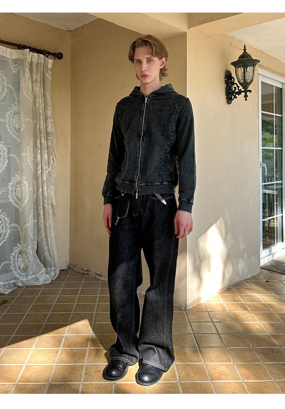 EME Embroidered Alphabet Ninja Hooded Slim-Fit Denim Sweater