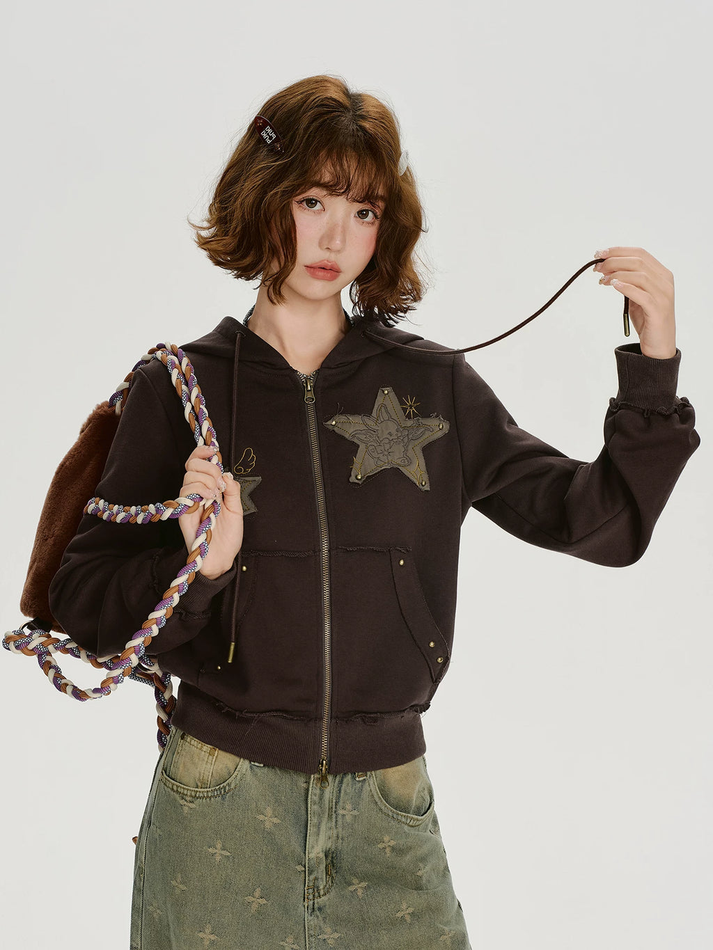 Girlyhalo Vintage Patch Embroidered Hooded Sweater Jacket