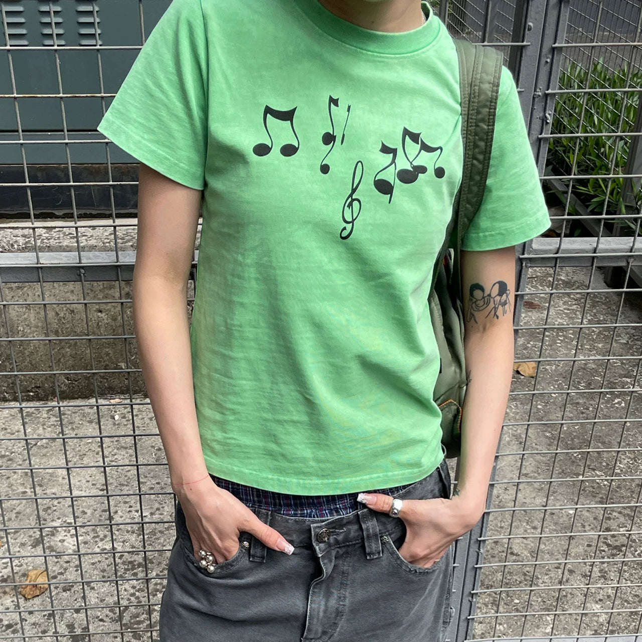 MMBBT Music Note Print Short Round Neck Front Shoulder Tee