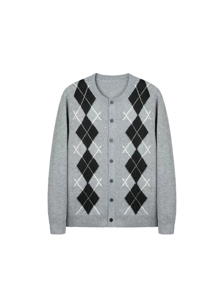 NewDecay Rhombus Knitted Button-down Long-sleeved Cardigan