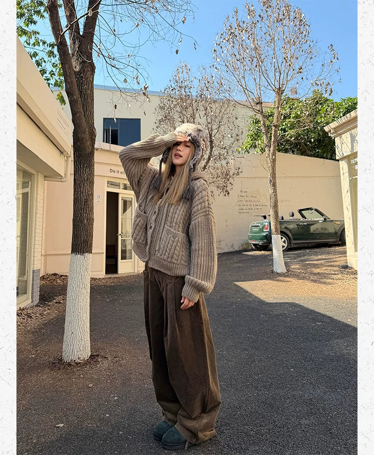 CCYE Corduroy Adjustable Waist Wide Leg Pinch-pleated Casual Pants