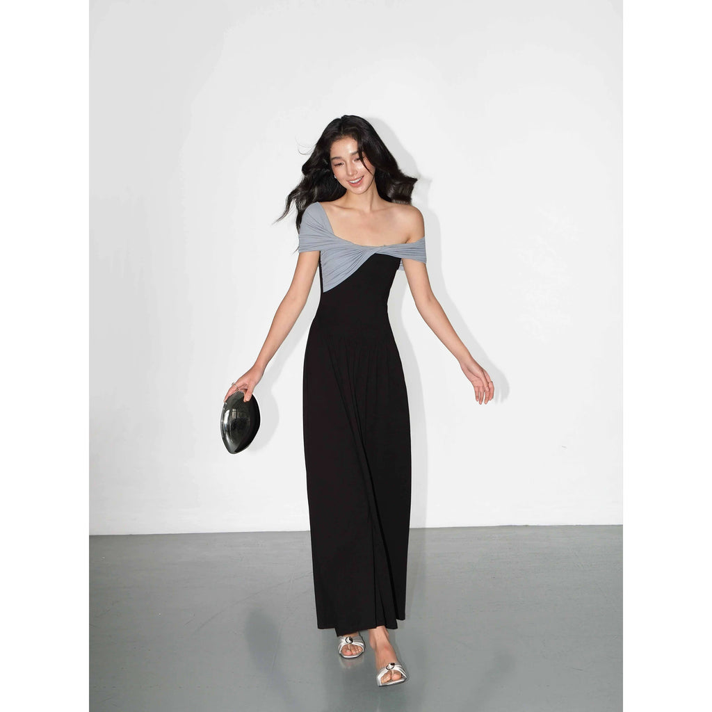 NEVA HU Temperament One-word Shoulder Contrasting Color Splicing Dress