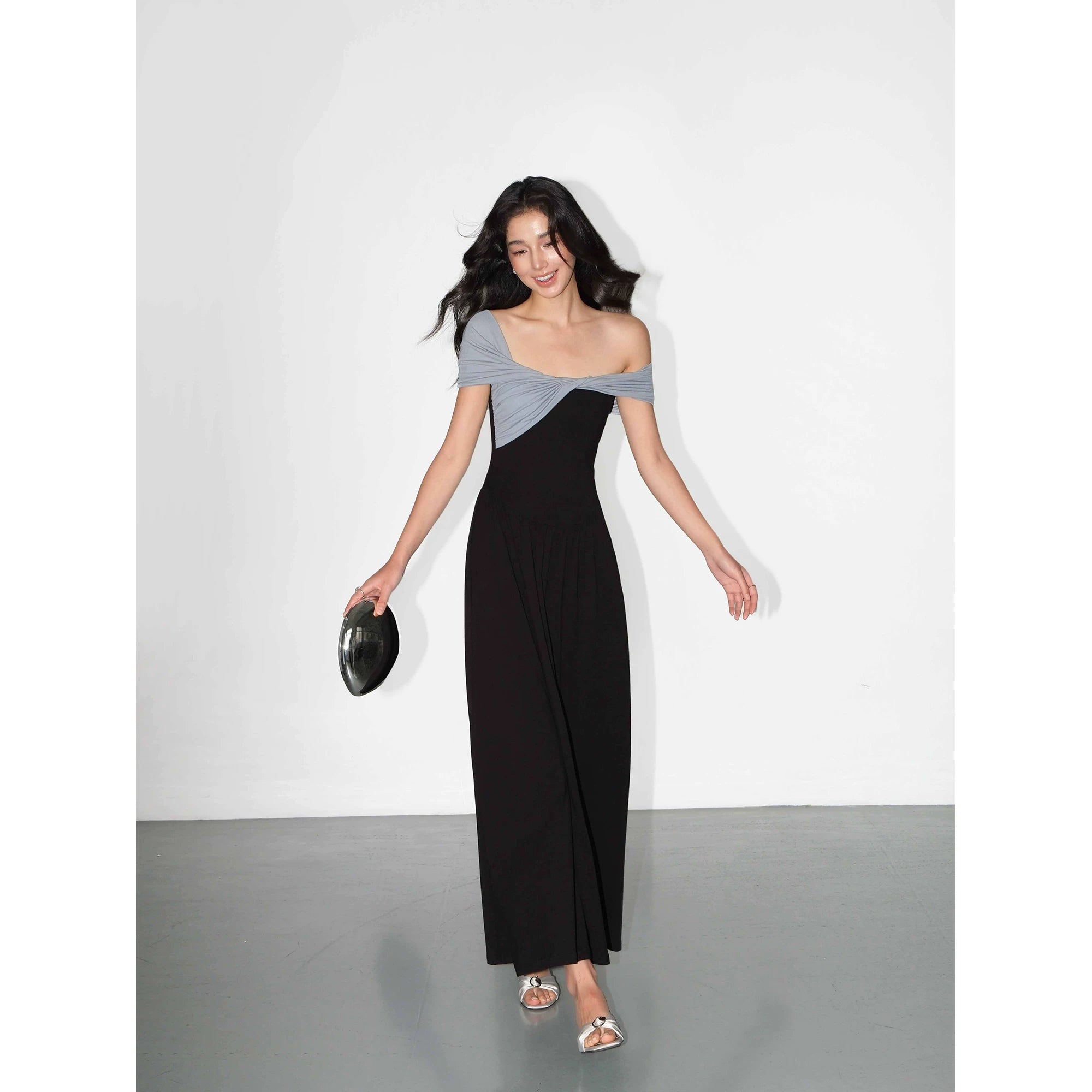 NEVA HU Temperament One-word Shoulder Contrasting Color Splicing Dress