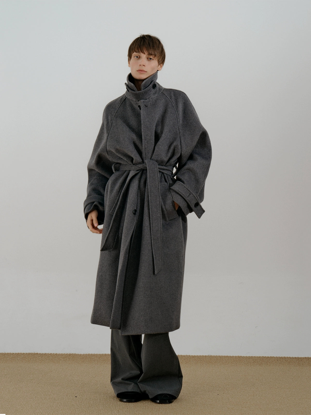 COLN Lace-up Lapel Woolen Single-breasted Coat