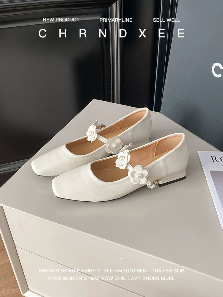 CHRNDXEE Flower Retro Soft Leather Thick Heel Light Mouth Single Shoes