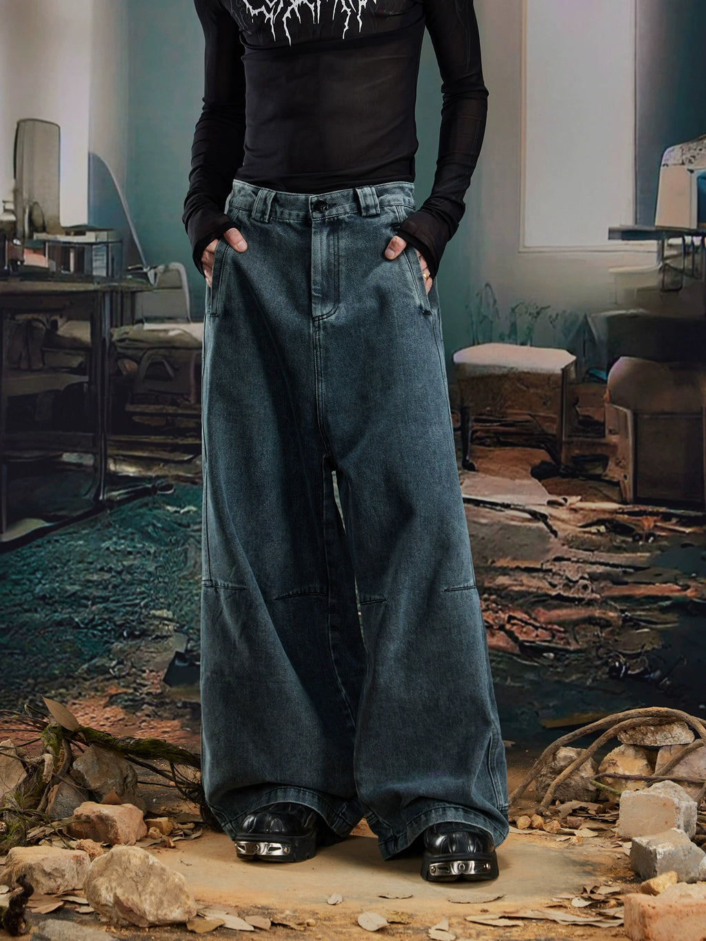 NOMANIAI Make Old Dirty Dyed Wide-leg Scimitar Jeans