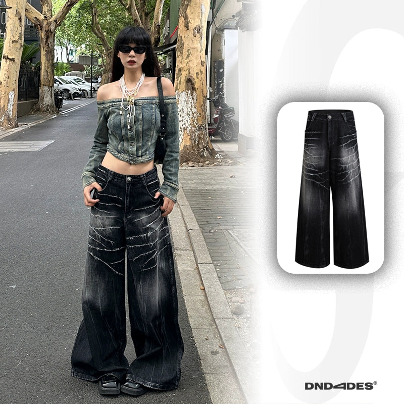 DND4DES Washed Old Lightning Pattern Loose Wide-leg Pants Jeans