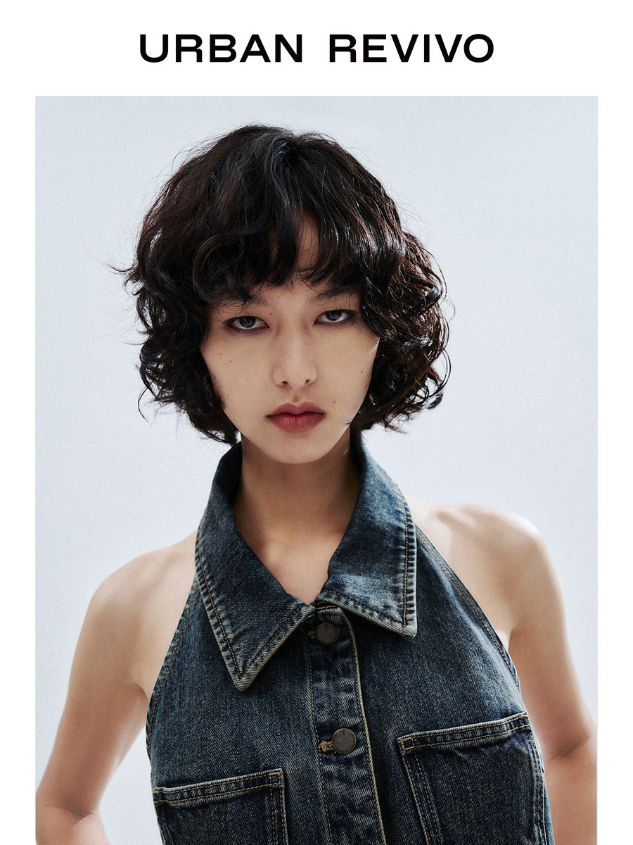 URBAN REVIVO Neck Halter Sleeveless Denim Shirt