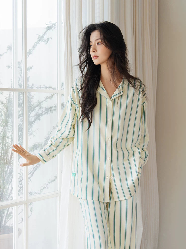YUENEI Casual Striped Cotton Long Pajamas