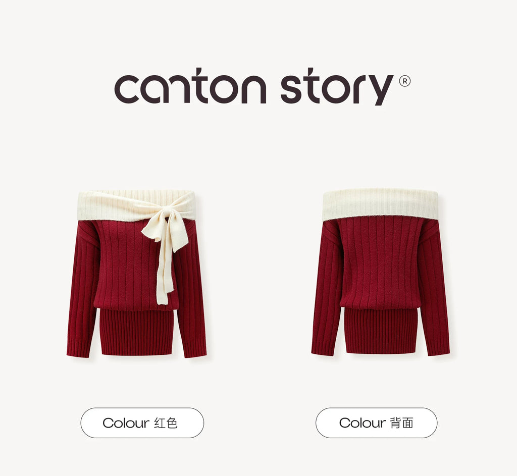 Cantonstory One-word Shoulder-wrapped Hip Long-sleeved Knitted Dress