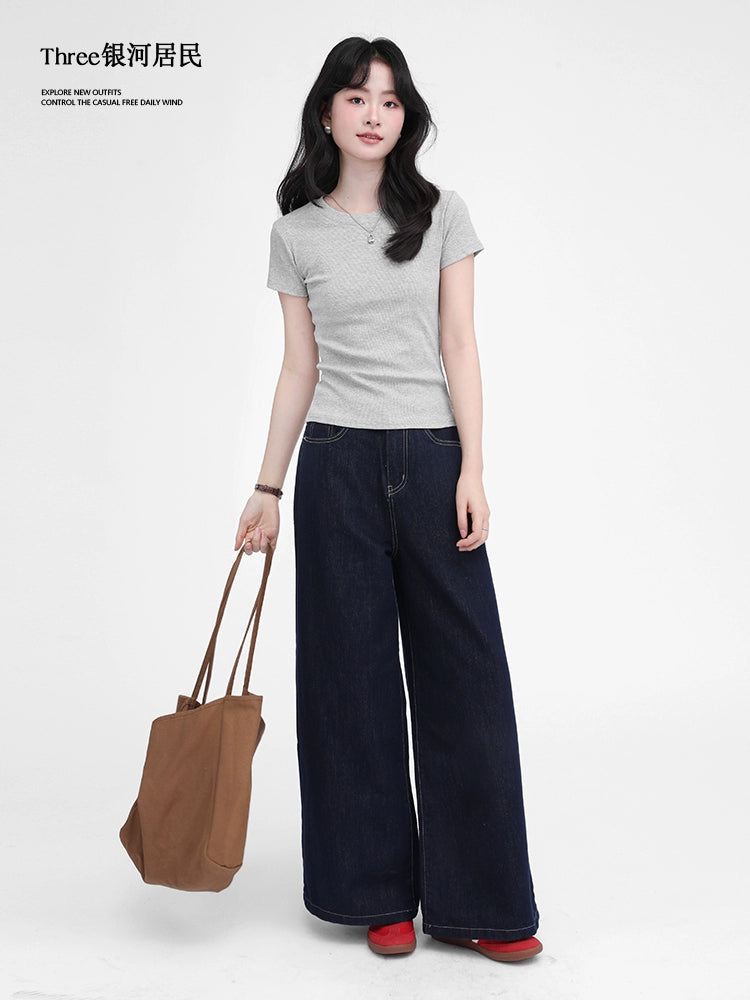 Three Shoulder Crew Neck Slim Short Skinny Tee