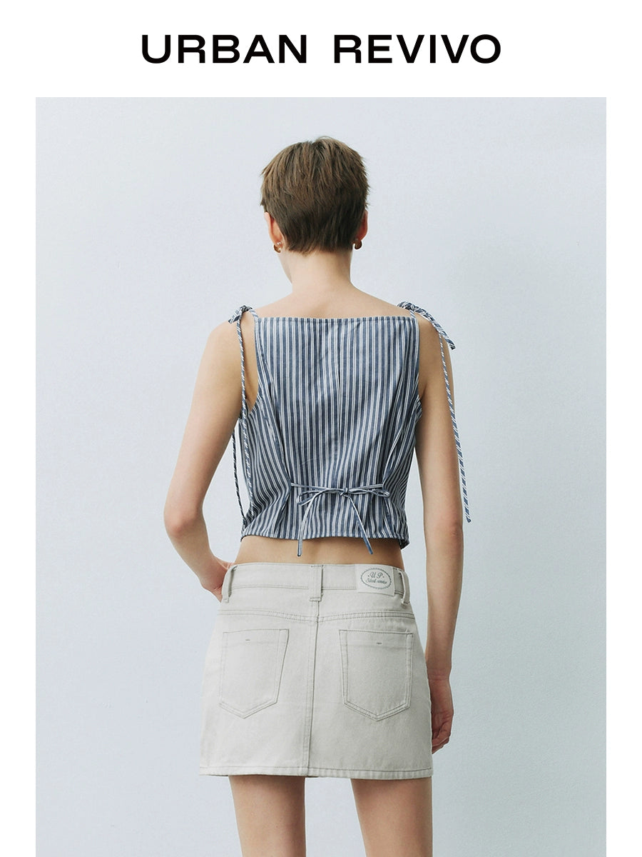 URBAN REVIVO Contrast Striped Lace-Up Sleeveless Open Shirt
