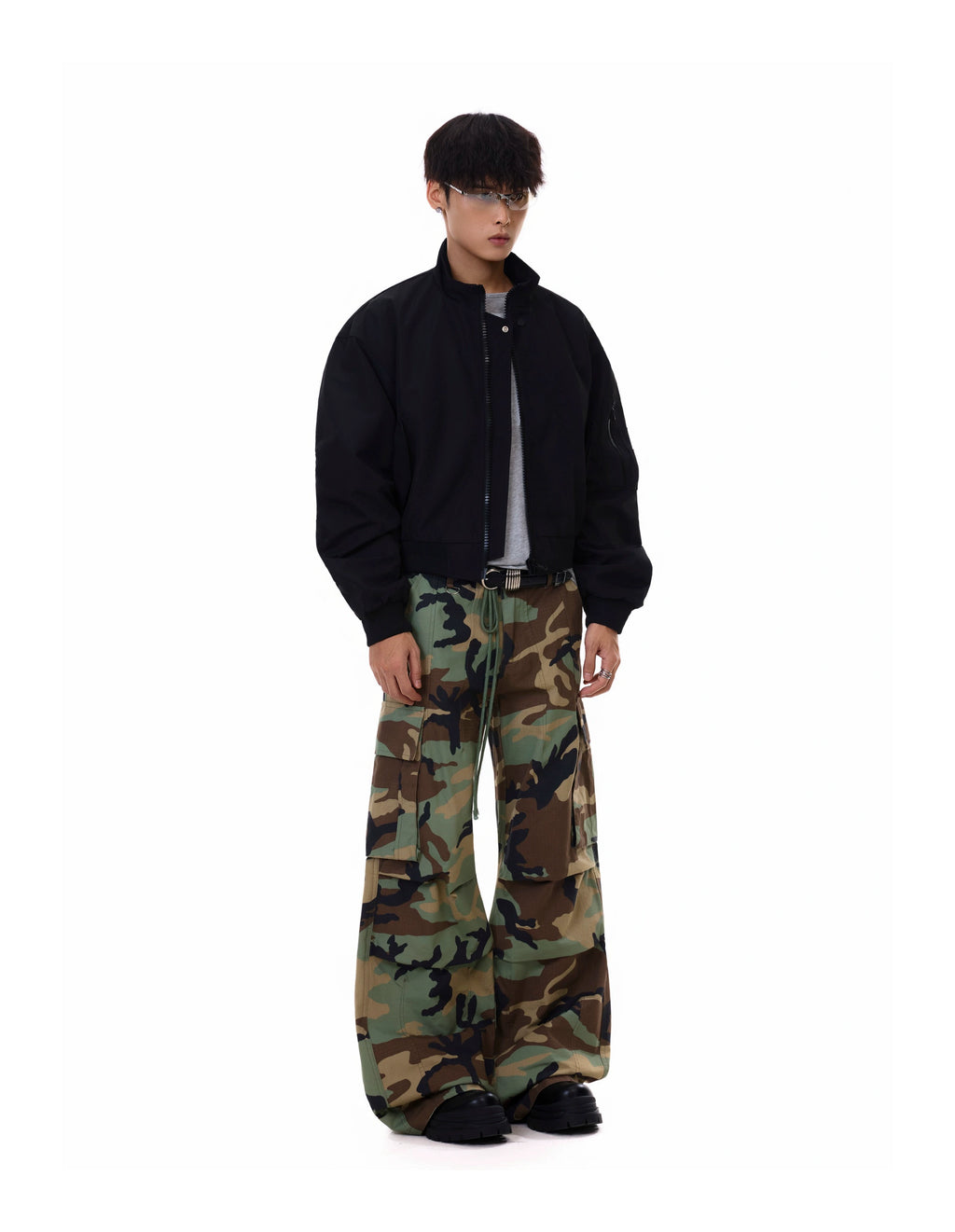 BTSG Wash Camouflage Drawstring Pleated Overalls