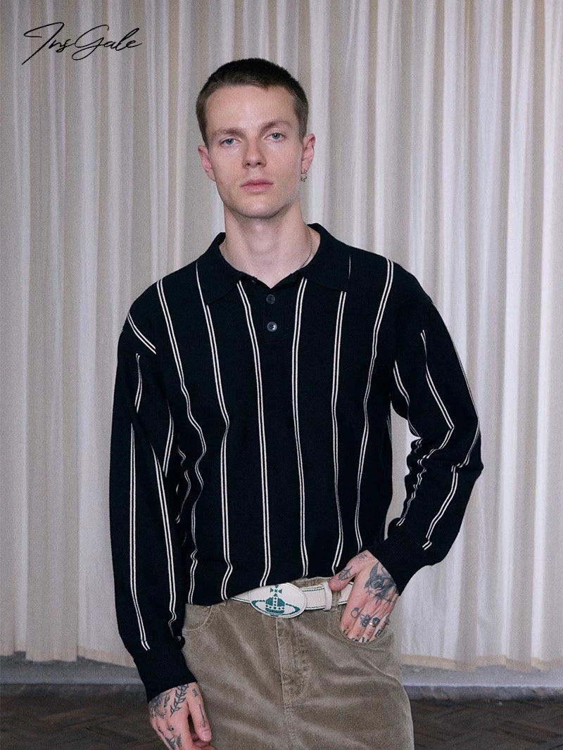 InsGale Striped POLO Lapel Long Sleeve Knitted Sweater