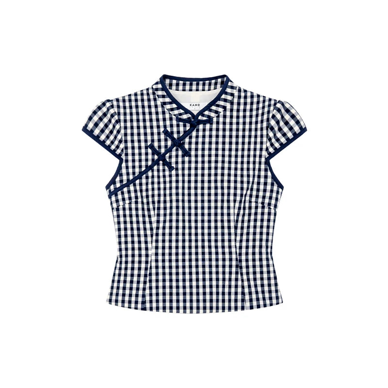 KANO Stand-up Collar Plaid Casual Tee