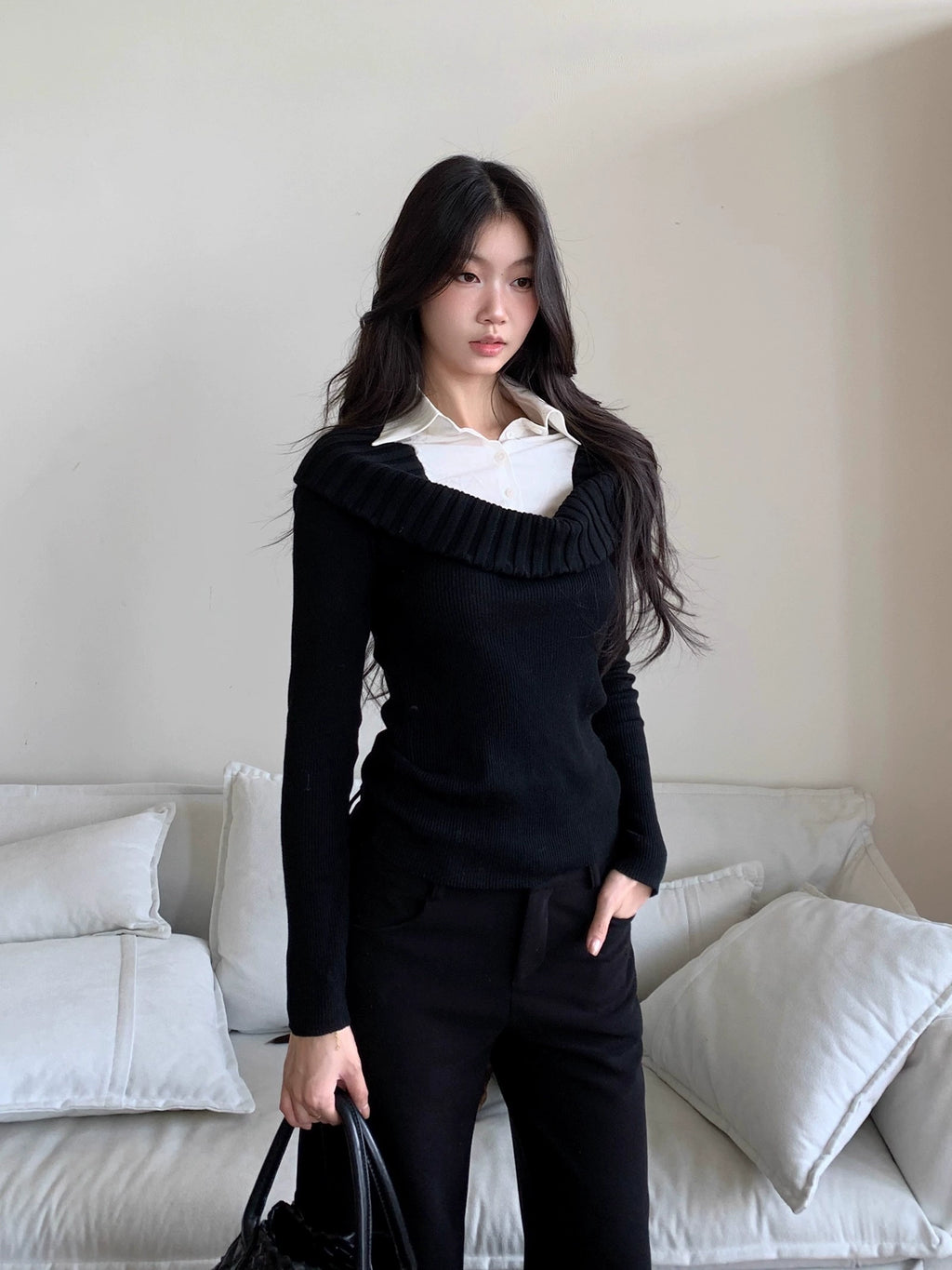 WITHMIN Slim and Thin Versatile Fake Two-piece Knitted Sweater