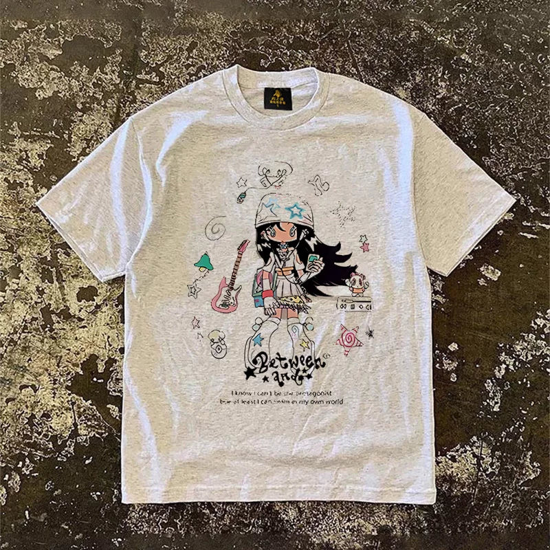 UPUPXIA Cartoon Print Crew Neck Loose Tee