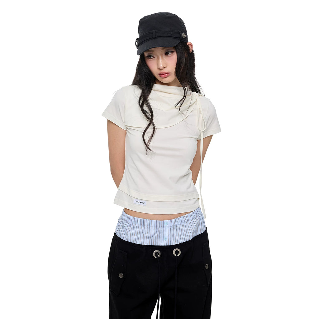 JIKOO Knot Vertical Pleated Shoulder Collar Casual Tee
