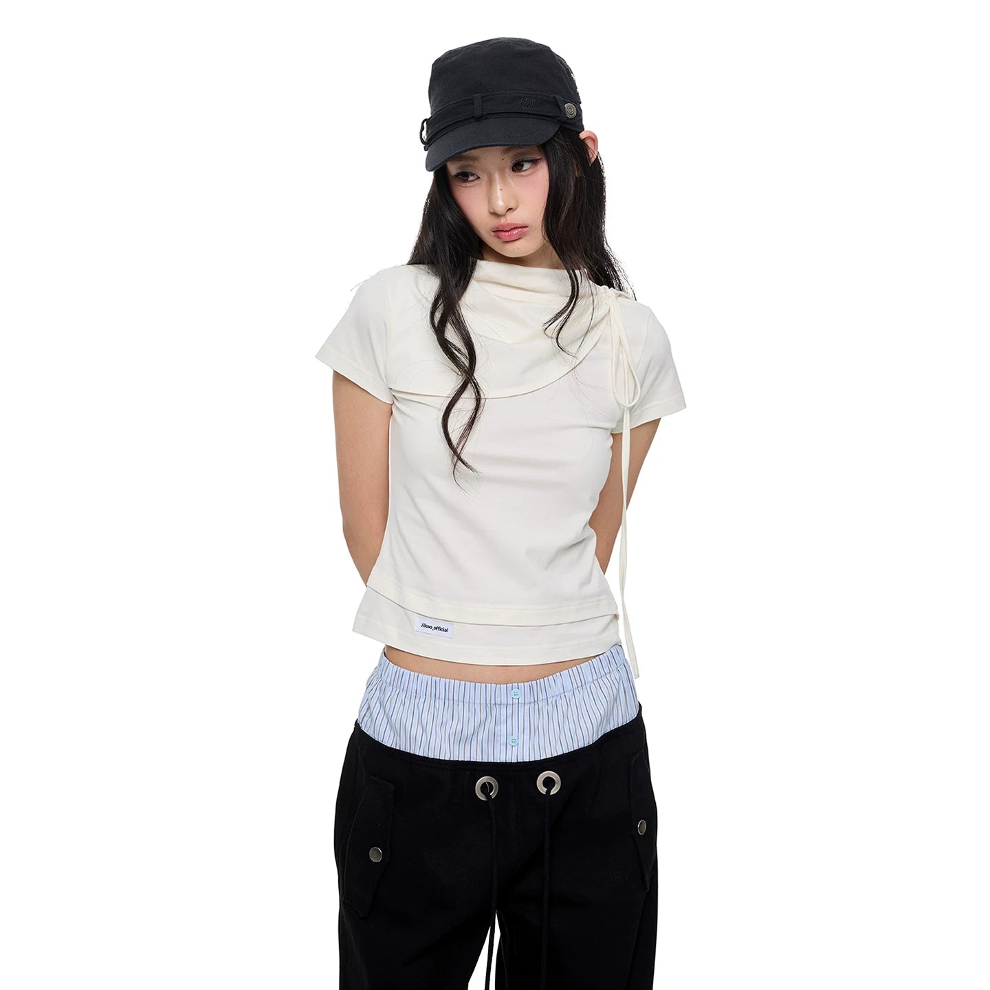 JIKOO Knot Vertical Pleated Shoulder Collar Casual Tee