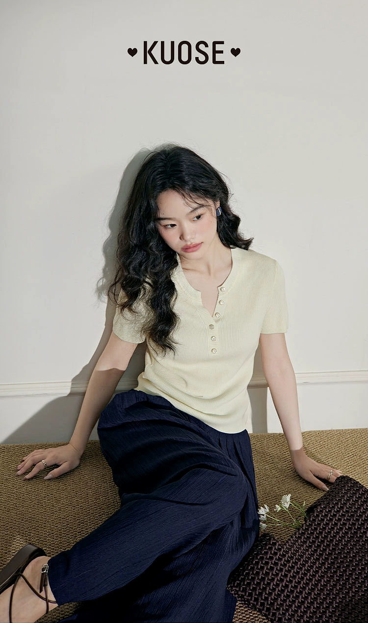 Kuose Temperament Slim V-neck Knitted Sweater Tee