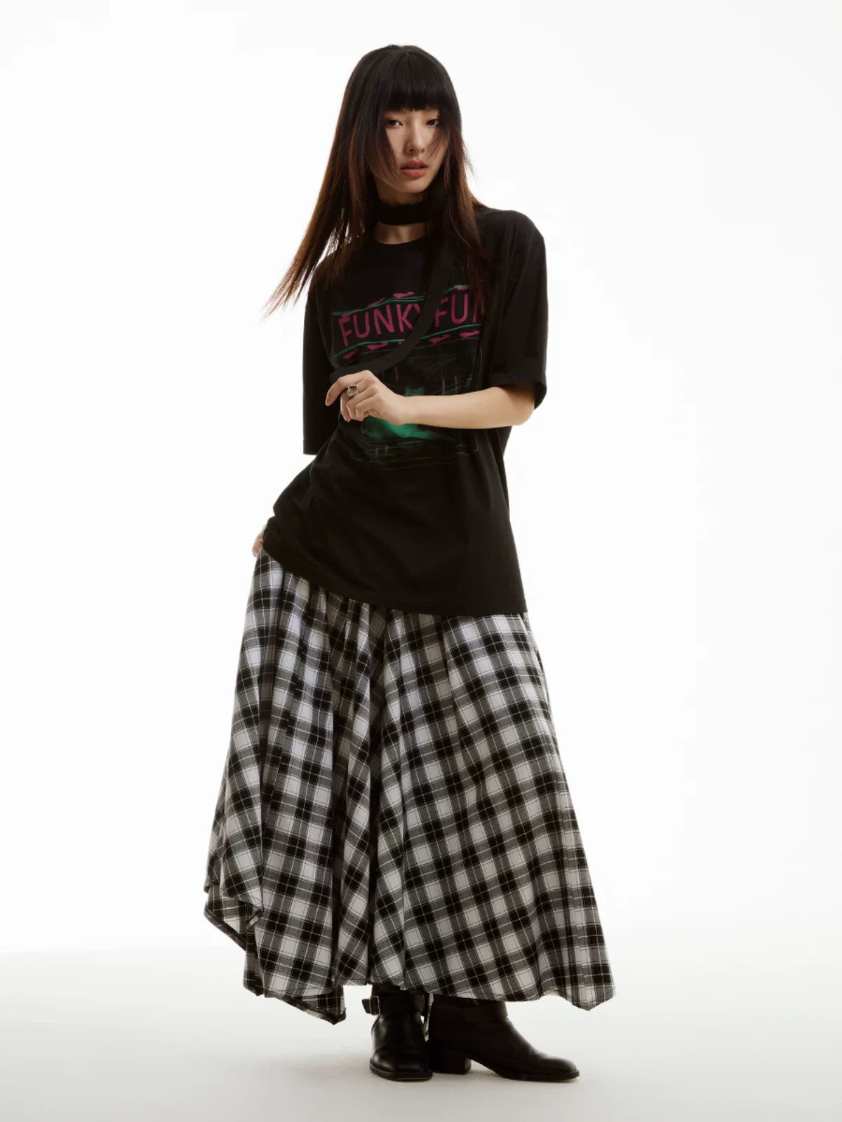 FUNKYFUN Retro Check Wide-Leg A-Line Skirt Pants