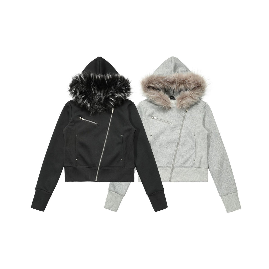 CHANYOOU Retro Diagonal Zipper Short Fur Collar Hooded Sweater