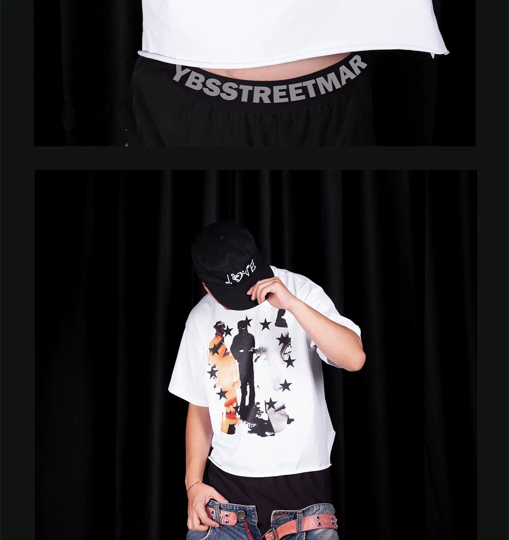 YBSSTREETMARKET Portrait Heat Transfer Hand Damage Short Width Tee
