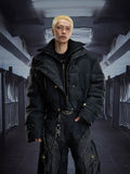 NOMANIAI Overweight Work Double Neck PU Leather Zipper Button Cotton Jacket