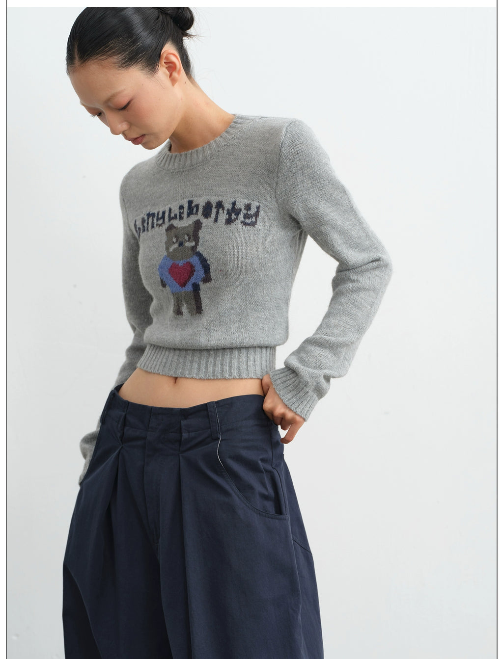 LINY LIBERTY Vintage Cartoon Bear Jacquard Knitted Long-sleeved Sweater