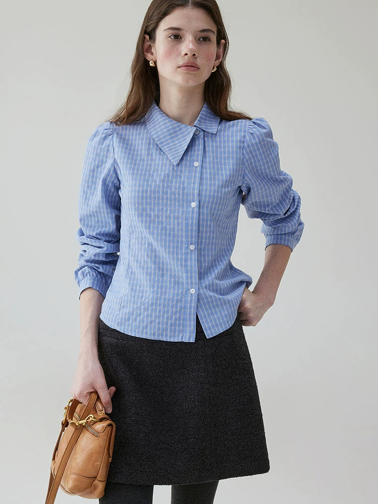 VOOE Irregular Flip-neck Contrasting Plaid Shirt