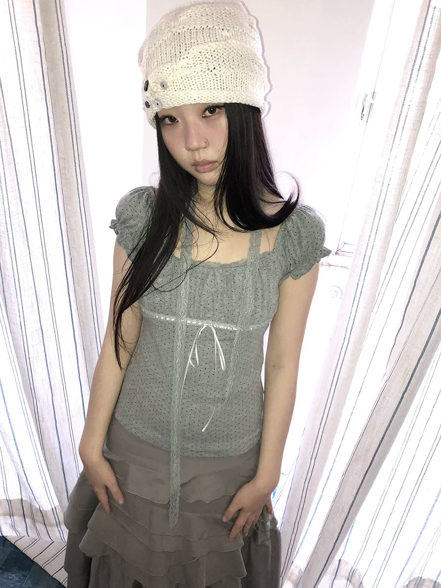 Ang: Project Polka Dot Square Neck Pleated Lace Edge Tee