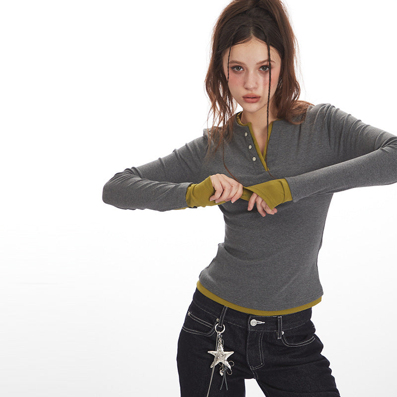 Nariele Fake Two Pieces Vintage Slim Skinny Long Sleeves