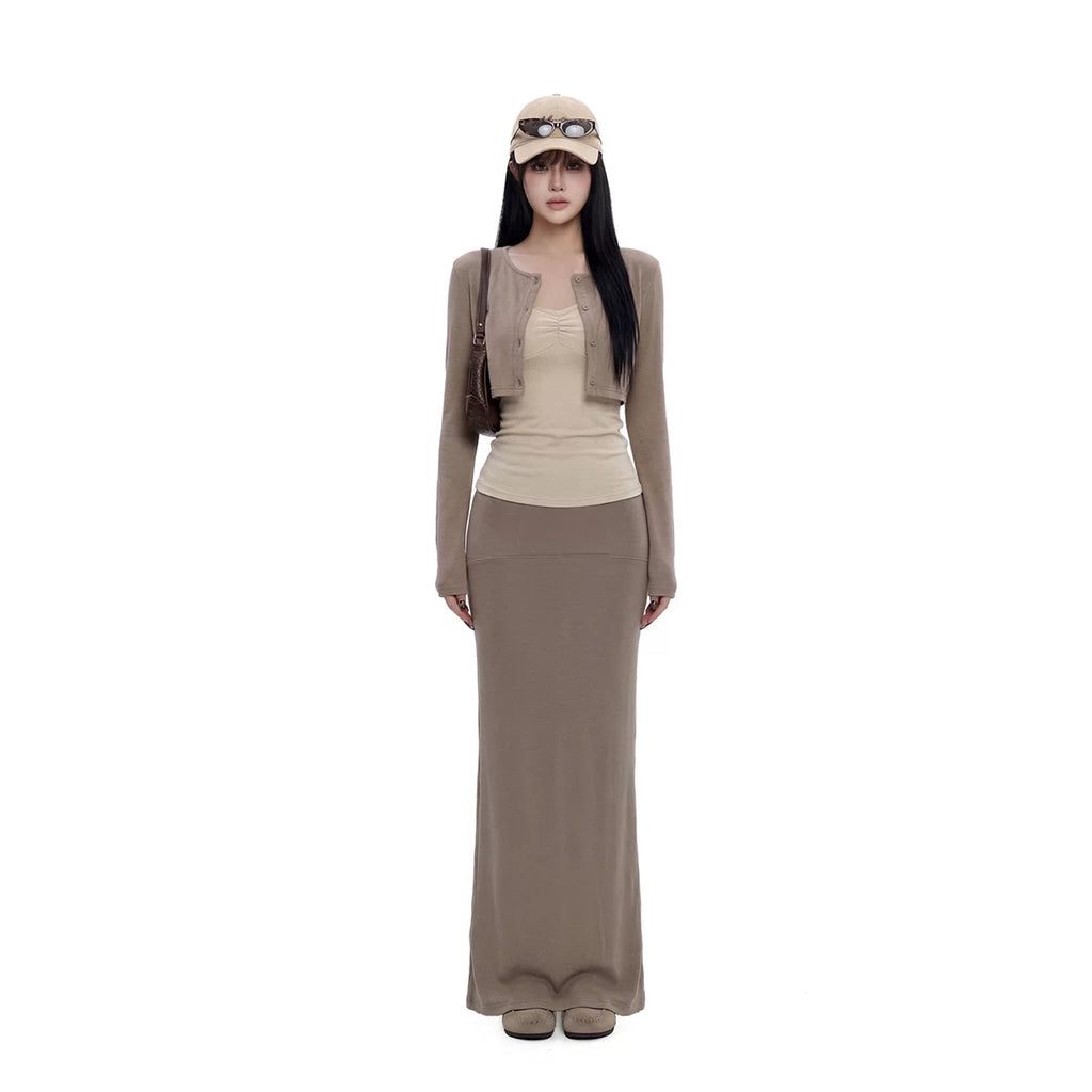 WITHMIN Front Shoulder Long Sleeve Suspender Low Waist Skirt Three-piece Set